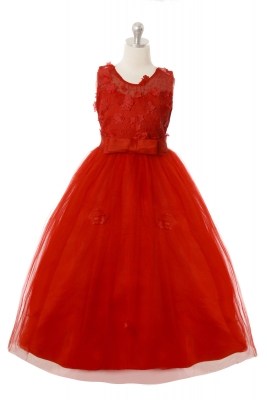 Girls Dress Style 1051 - Red Elegant Sleeveless Dress with Flower Details